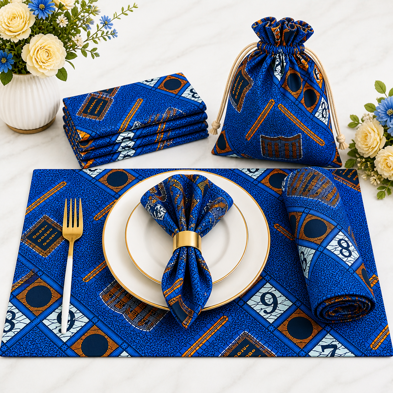 African Ankara Cotton Placemats & Napkins Set with Gift Bag – 4 Placemats, 4 Napkins, Reusable Dining Table Decor